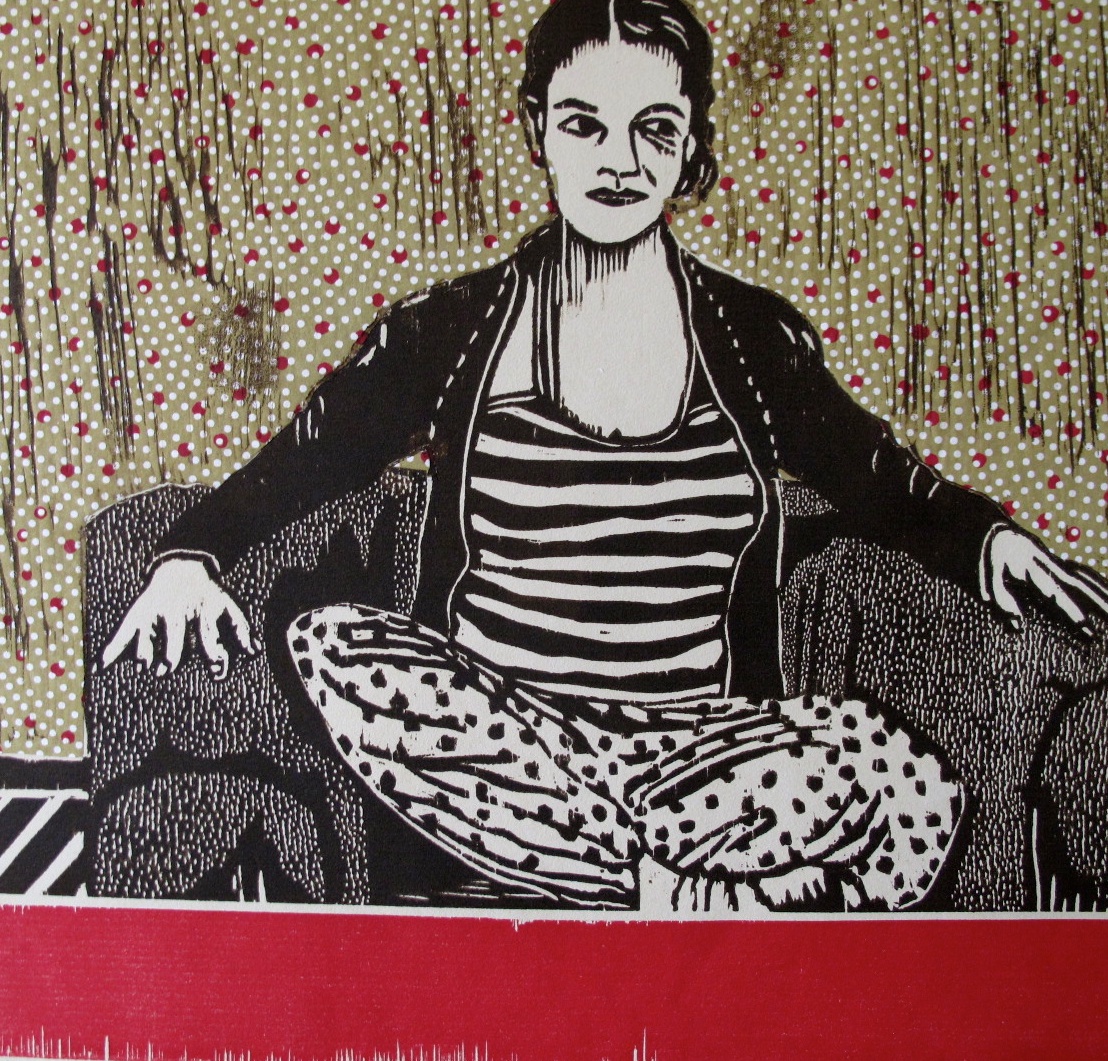 Pensive Posture - Woodcut Monoprint w/ Chine-collé (Spotted Pattern)