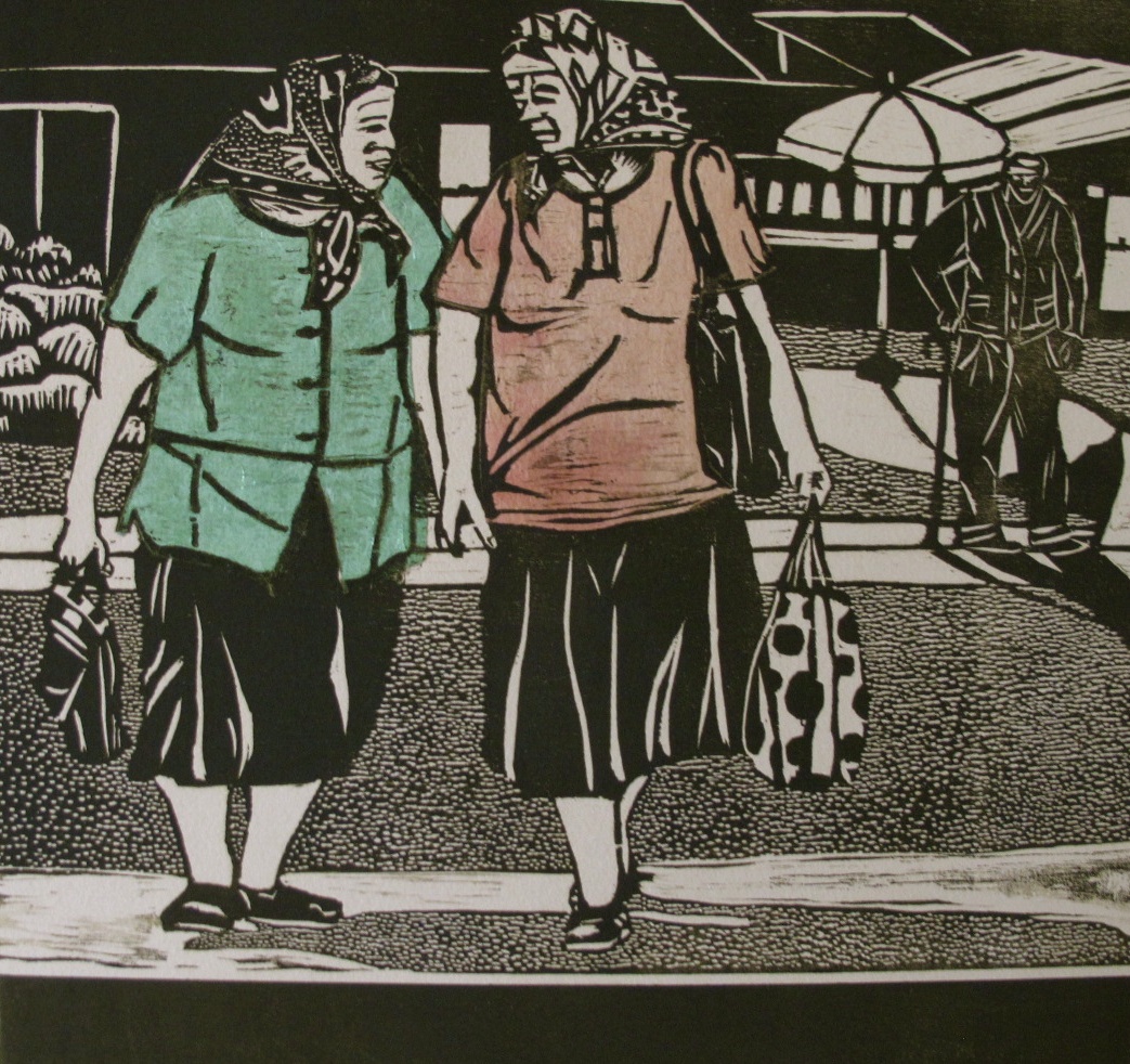 Market Companions - Woodcut Monoprint w/ Chine-collé (Green / Brown)