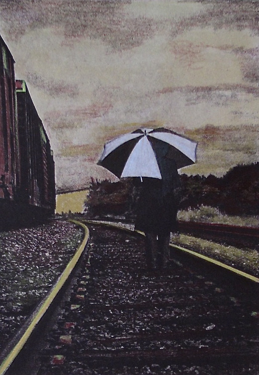 Down the Tracks - Etching Monoprint w/ Colored Pencils